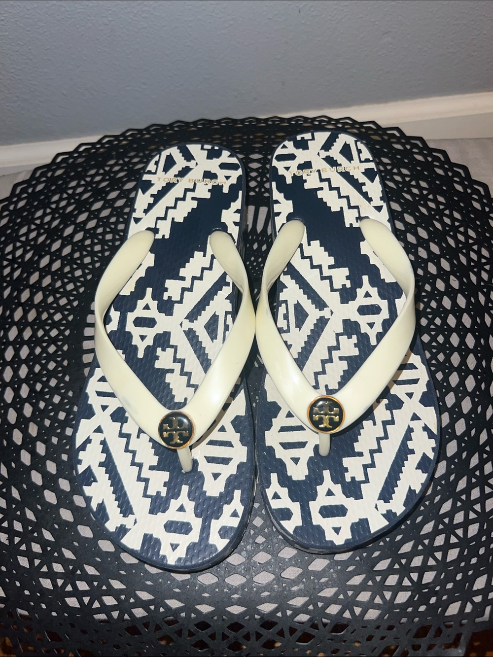 Tory Burch Navy and White Printed Flip Flop Sandals with Cream Straps